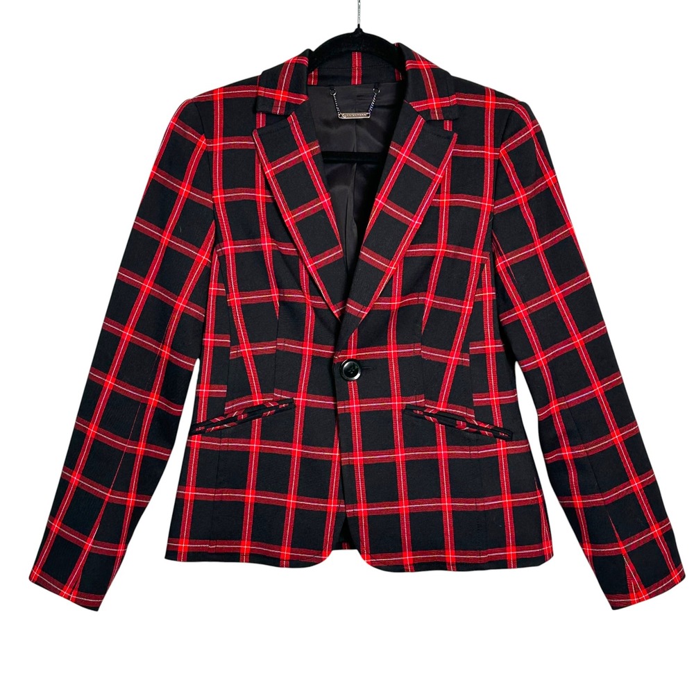 Trina Turk Blazer Plaid One Button Stretch 4 Red‎ Black Grosgrain Back Detail
